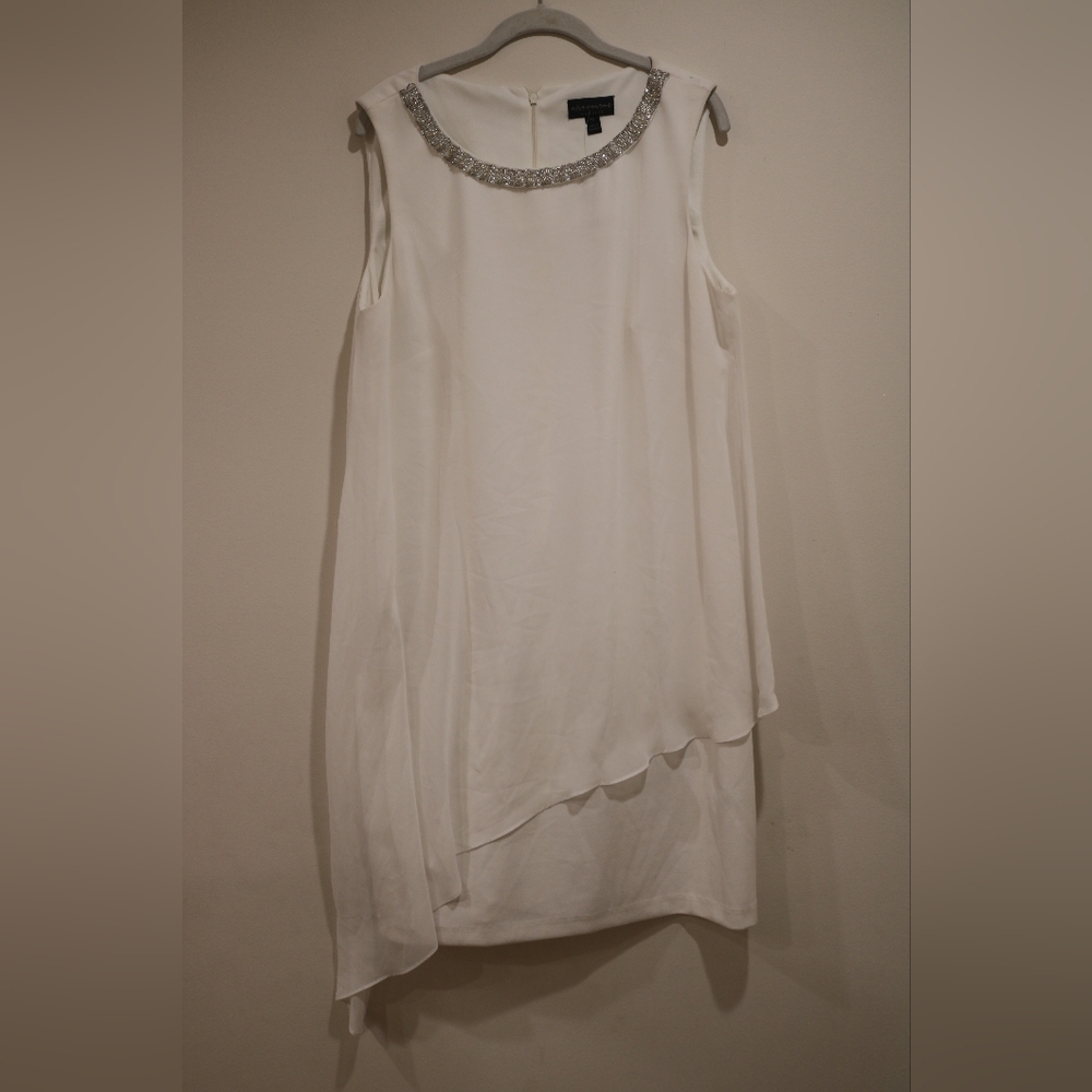 Connected Apparel Sleeveless Bead Chiffon Shift Dress Ivory - Picture 2 of 11